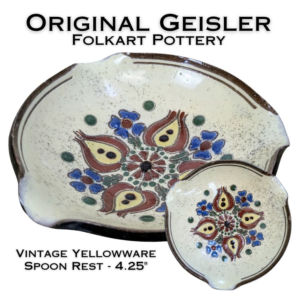 Original Wolfgang Geisler Yellowware Pottery Folk Art Tulip Circular Spoon Rest